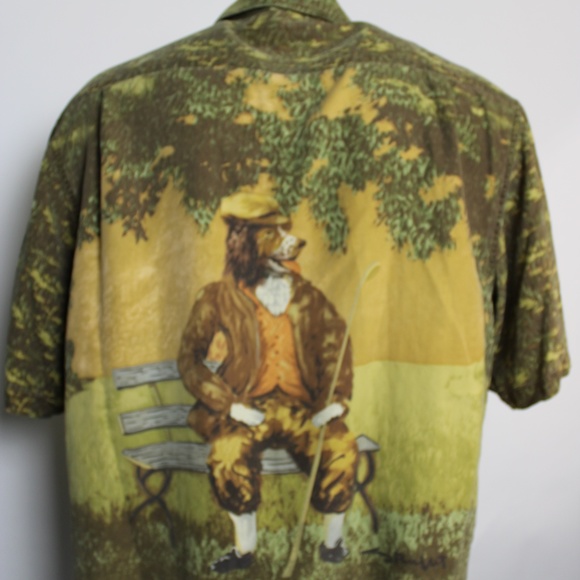 100% Silk Button Front Casual Button Down Dog - Picture 2 of 7